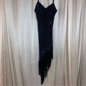✨ Scala Black Sequin Fringe Gown Asymmetrical Hem Gatsby Formal Dress ✨